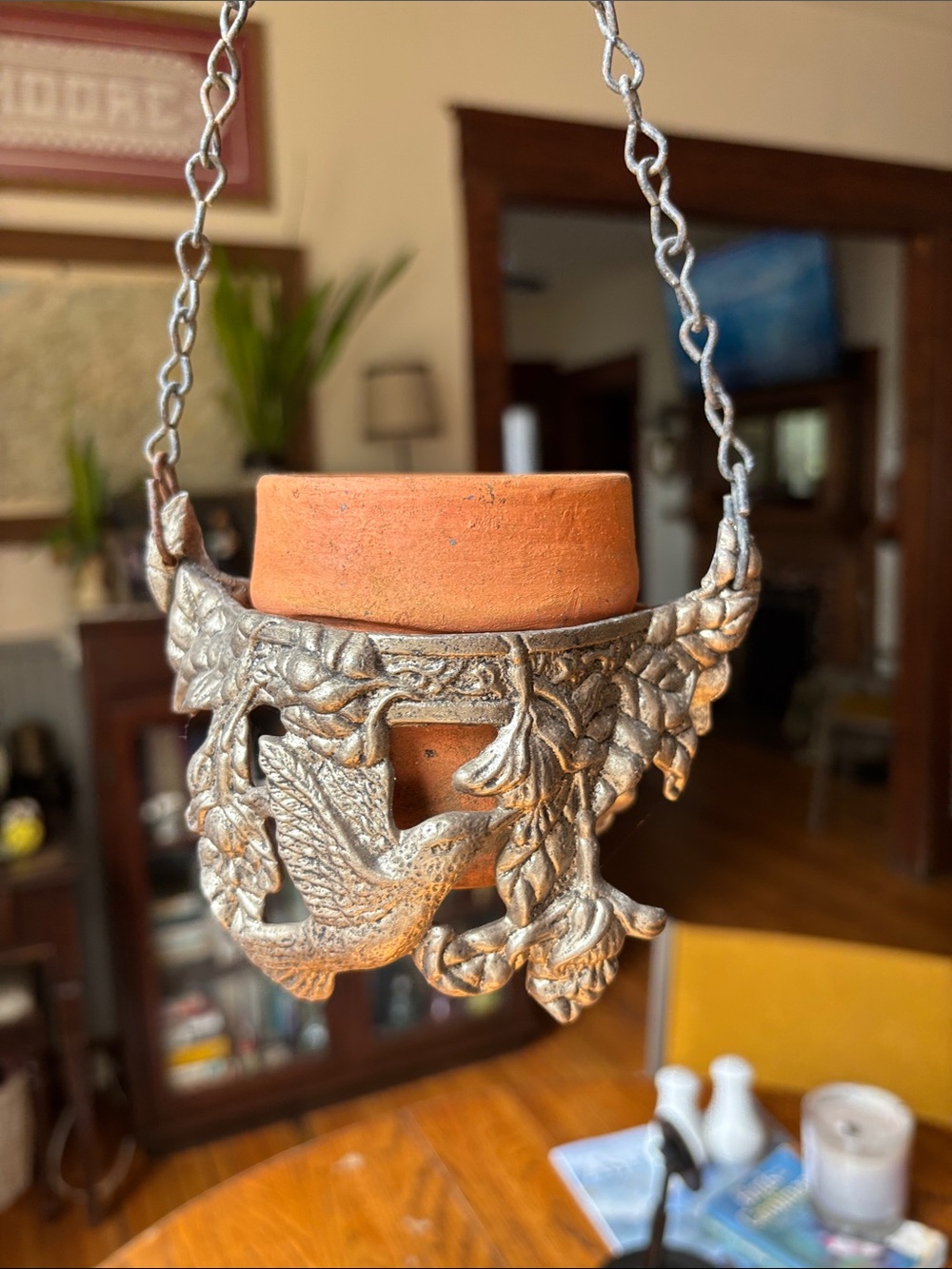 Hanging Decorative Bird Planter Holder in Antique Silver